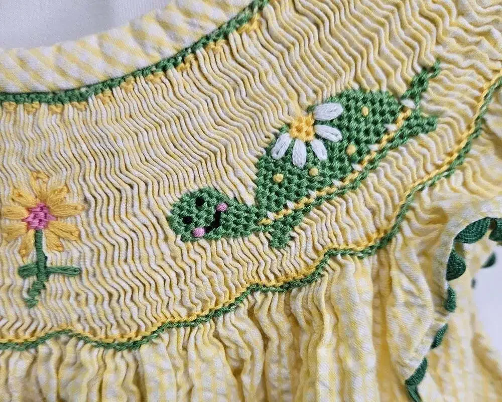 Rosalina Hand Smocked Yellow Seersucker Daisy Flower Dress